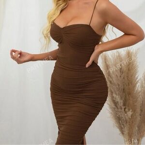 Shein brown body con ruched dress.